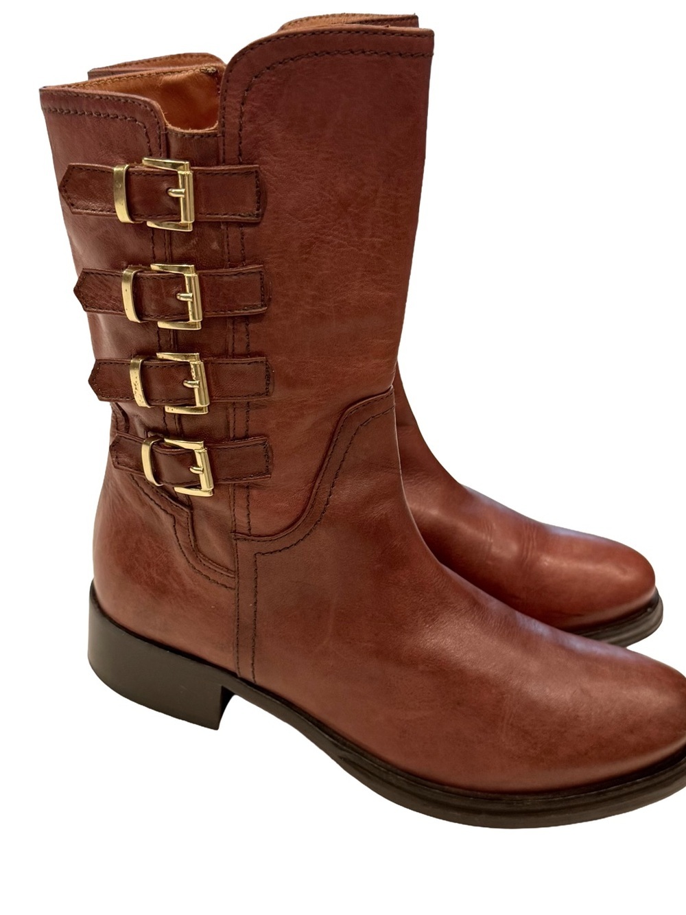 NAPOLEONI ITALY Brown Leather Mid-Calf Moto Boots US 7 EU 37